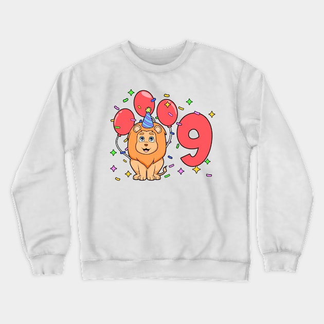 I am 9 with lion - kids birthday 9 years old Crewneck Sweatshirt by Modern Medieval Design